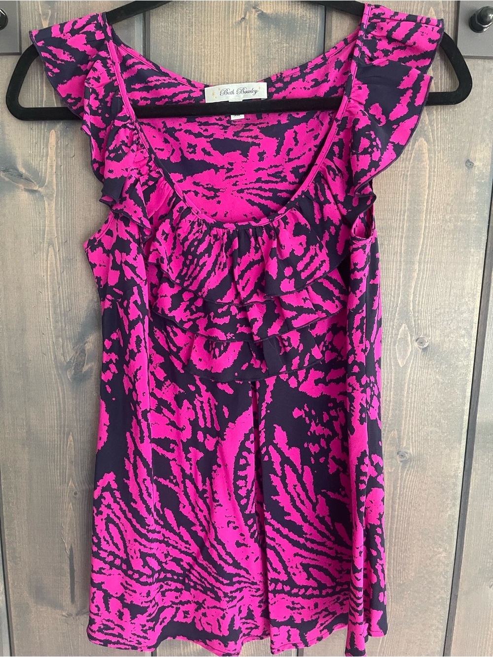 Anthropologie Beth Bowley Pink and Navy Ruffle-Front tank in 100% silk Sz 4 NWOT